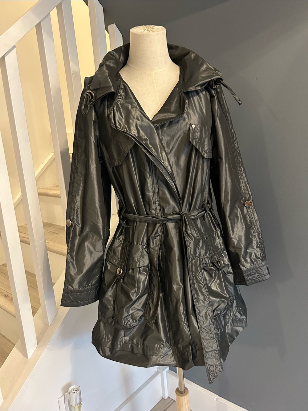 NAF NAF Paris Metallic Belted Trench • Y2K Utility / Moto Chic